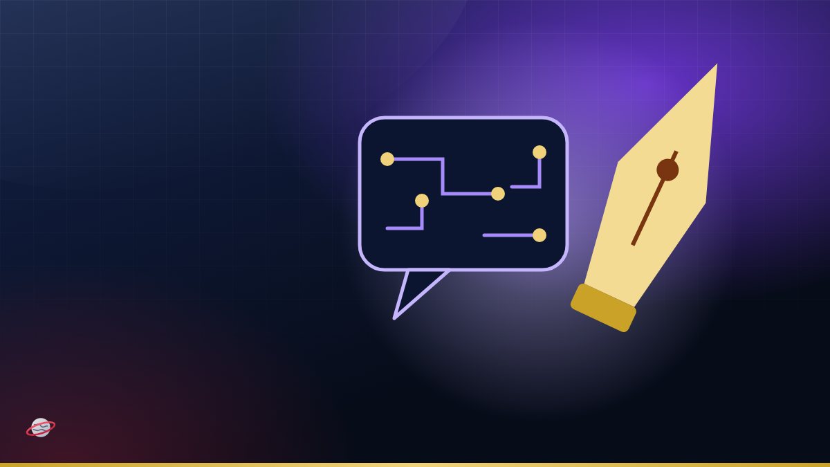 Illustration of a pen nib beside a circuit-pattern speech bubble