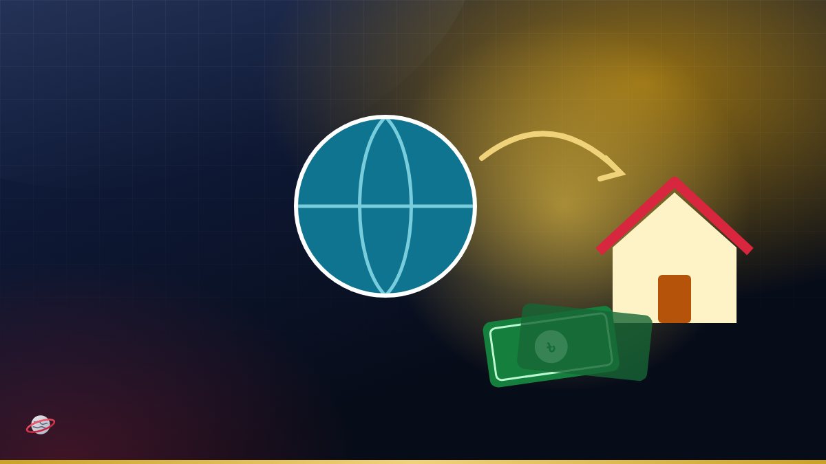 Illustration of banknotes and arrows flowing between a globe and a house